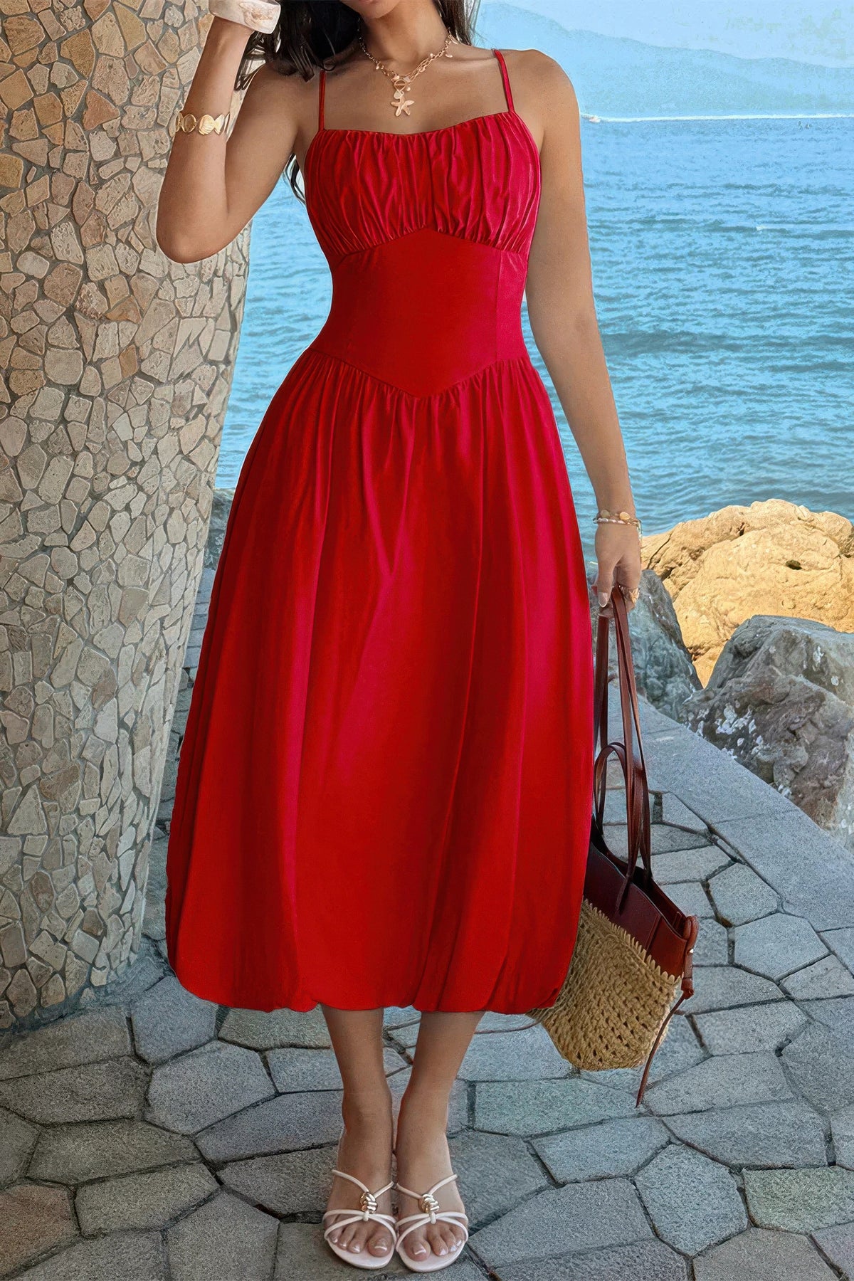 Red Solid Sleeveless Ruched Bust A Line Dress, front three-quarter view