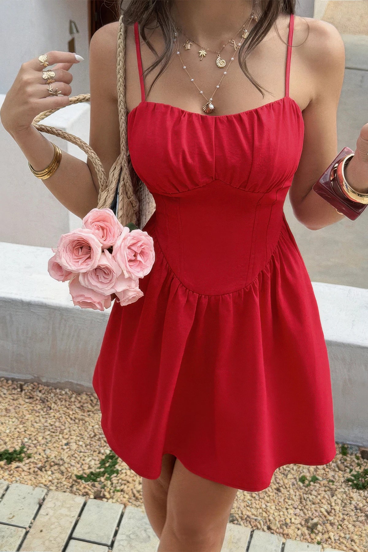 Soft Power Corset Mini Dress in red, front view with gathered bust and pointed waist