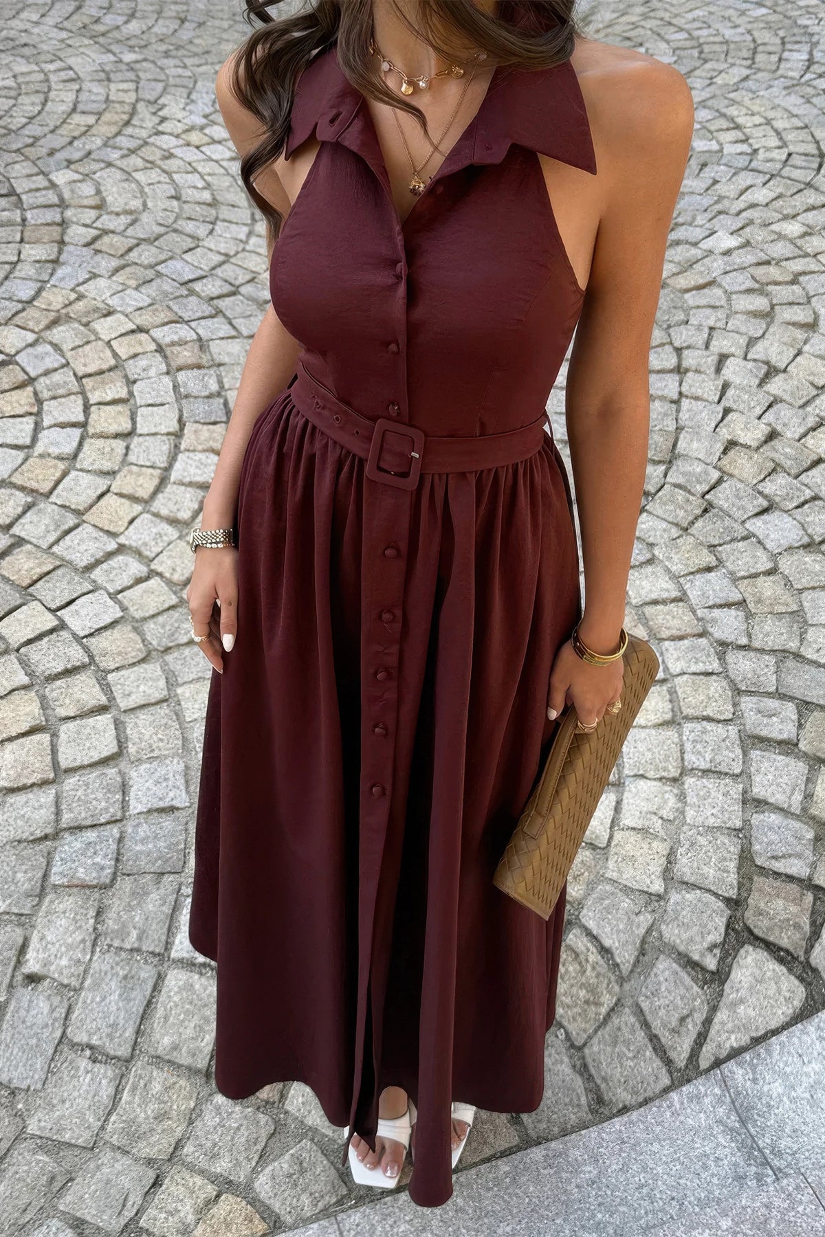 Close view of the brown collared belted midi dress