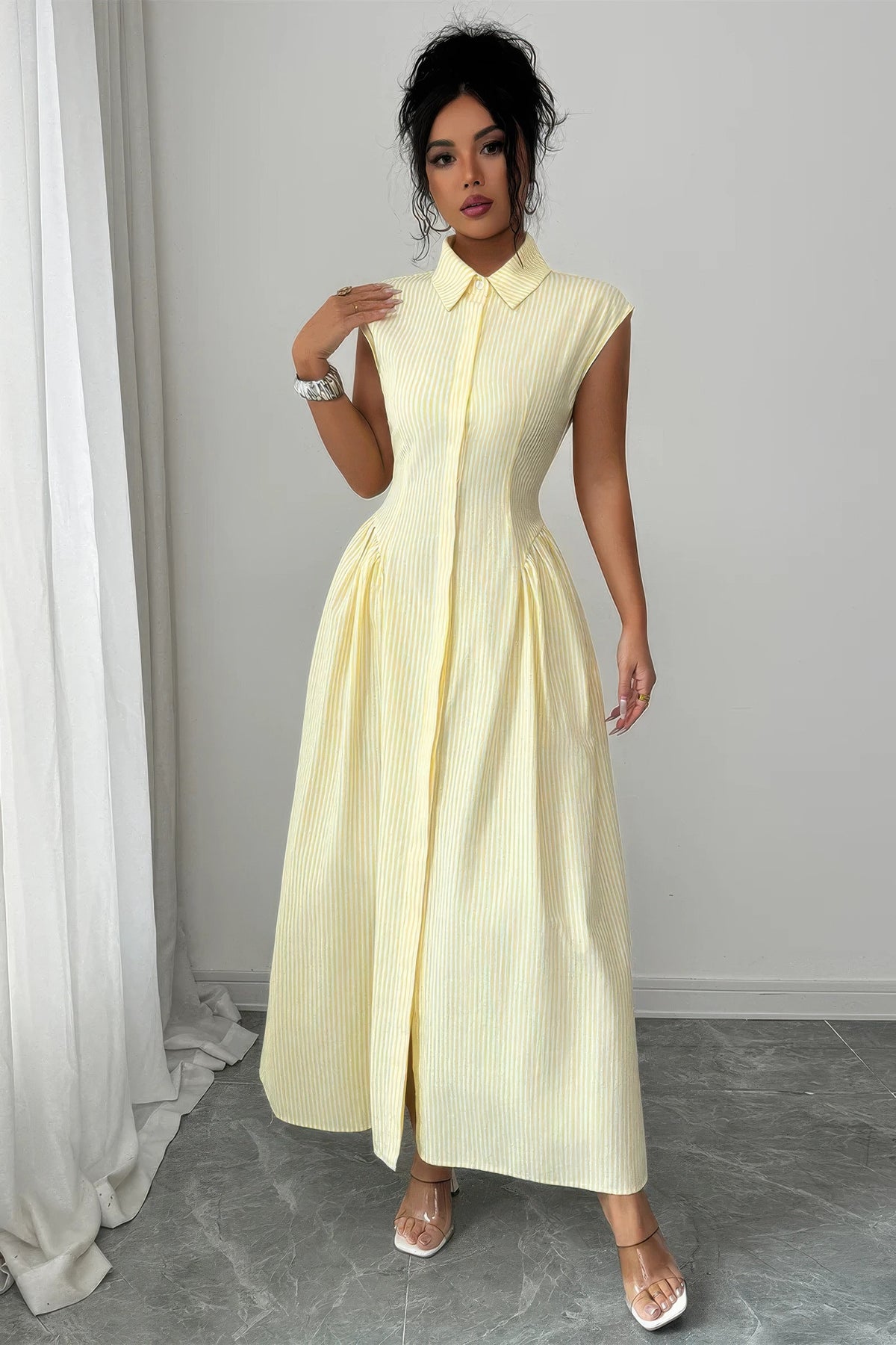 Yellow pinstripe Front Slit Collar Cap Sleeve Ruched Waist Long Dress full front view
