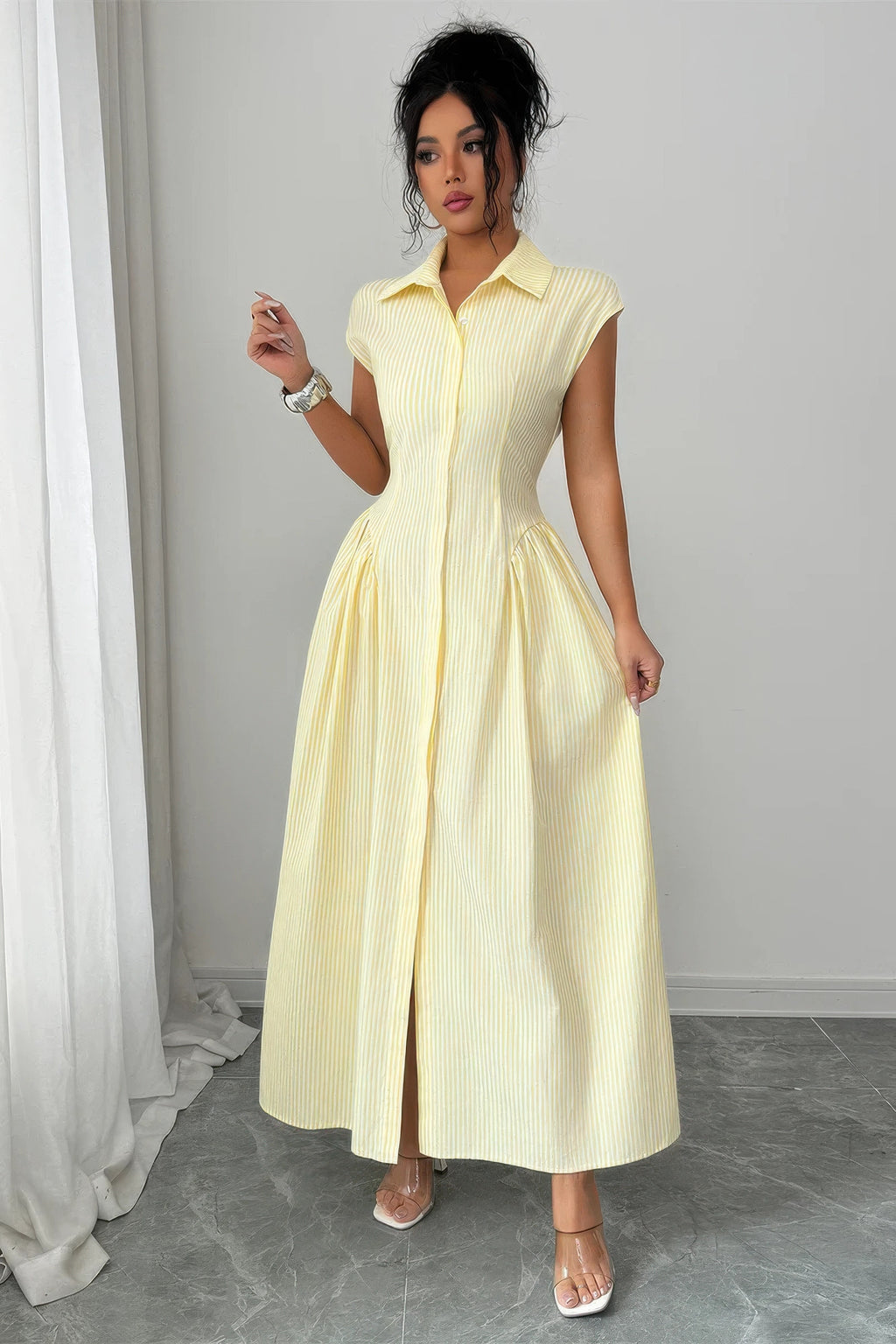 Yellow pinstripe collared cap-sleeve long dress front three-quarter view