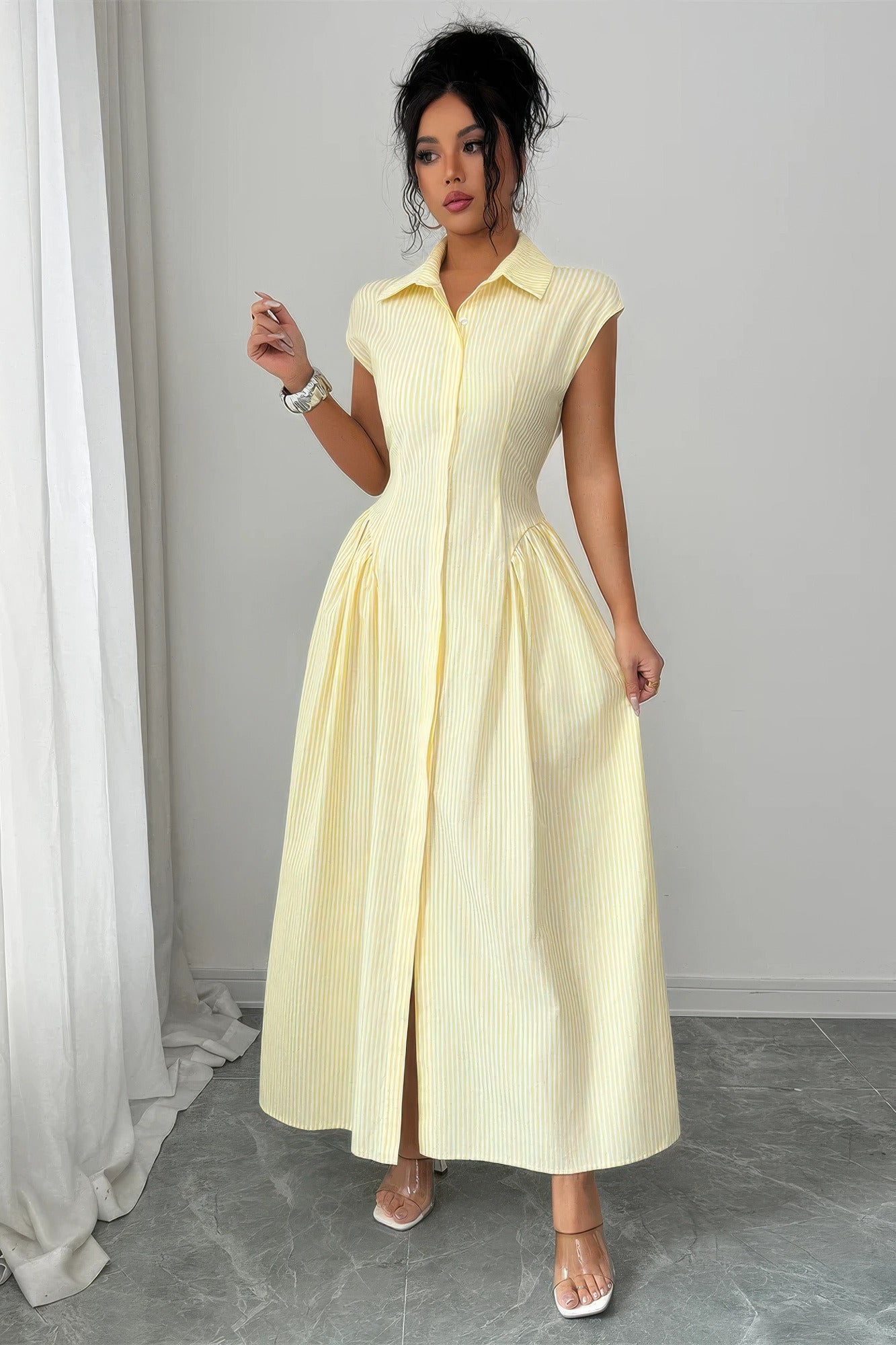 Yellow pinstripe collared cap-sleeve long dress front three-quarter view