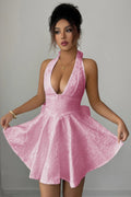 Pink Privilege Halter Mini Dress front view with floral jacquard and flared skirt