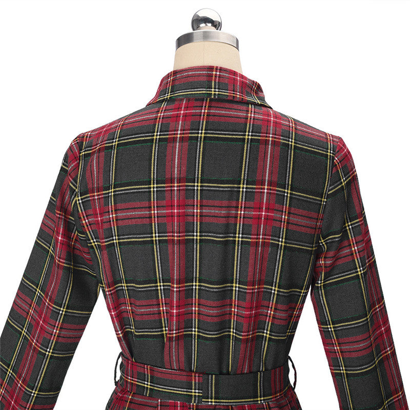 Back detail of the dark plaid City Girl longline shacket with matching self-tie belt