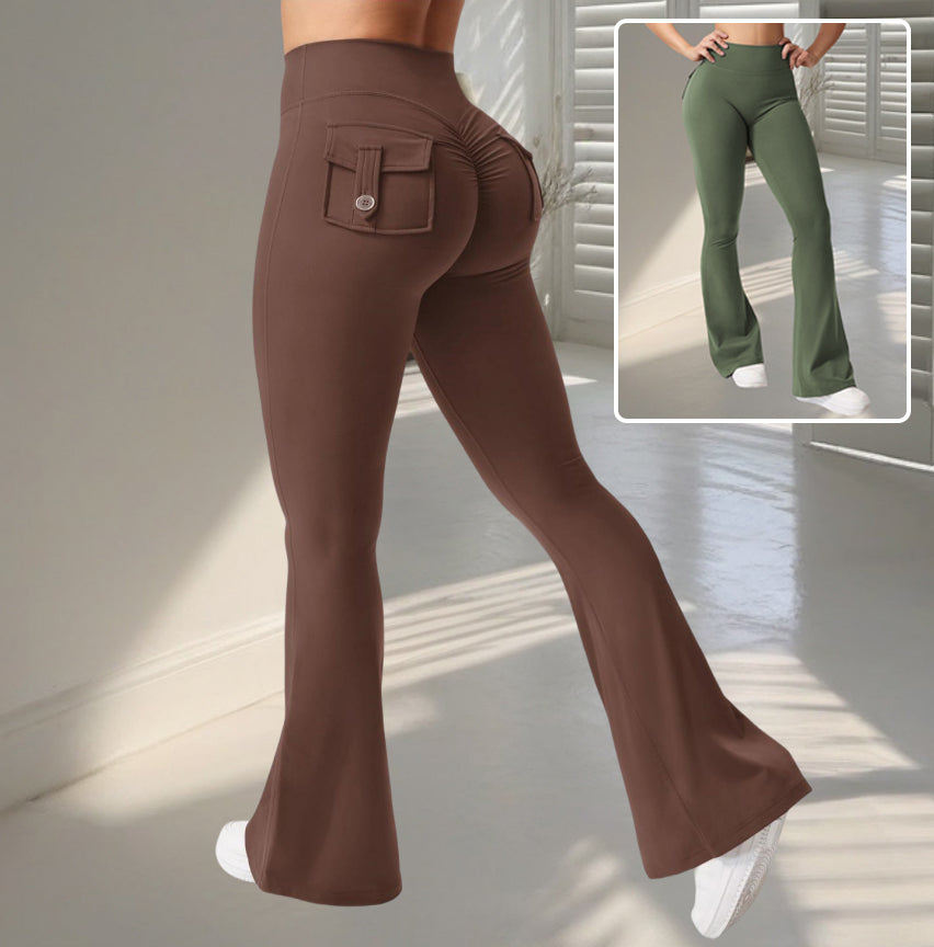 Brown Curve Cargo Flare Pants shown from the back with inset front view in green.