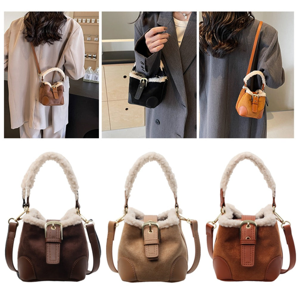 Collage showing the Plush Agenda Mini Messenger Bag carried on the shoulder and displayed in coffee, khaki, and brown colorways.