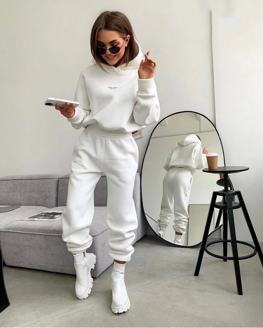 White Soft Life hooded lounge set standing front view