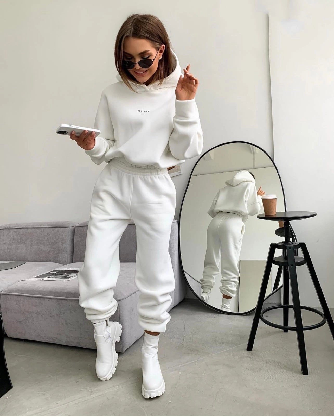 White Soft Life hooded lounge set standing front view