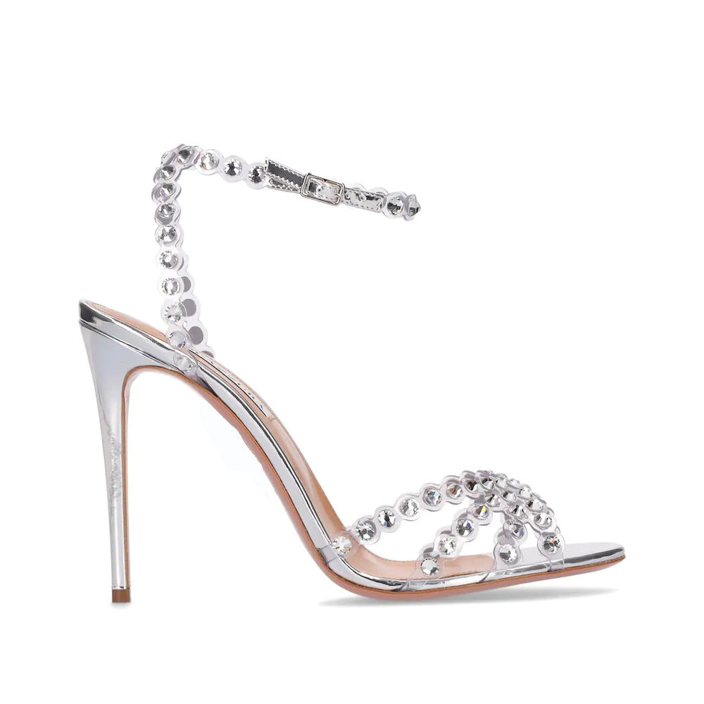 Diamond Socialite Stiletto Sandals supplier reference view 5 showing metallic open-toe stiletto sandals with large clear rhinestone toe straps and ankle wraps