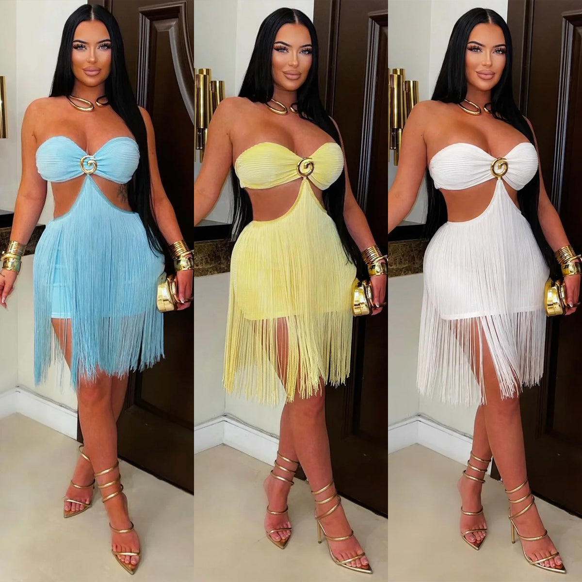Adult model shown from the front wearing the Fringe Benefits Mini Dress in blue, yellow, and white color views.