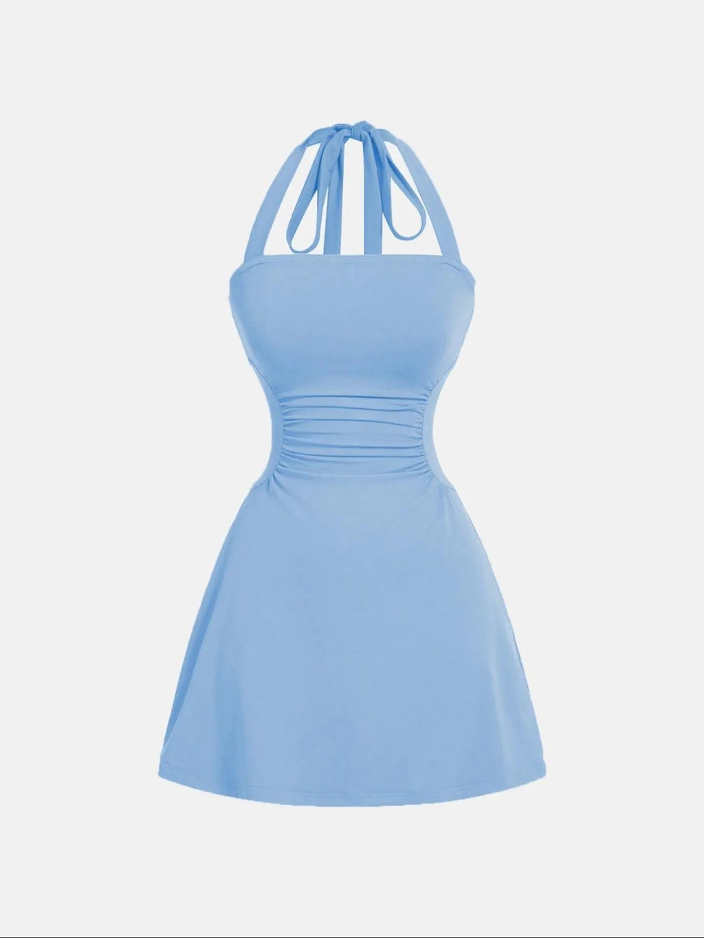 Solid light-blue A-line mini dress with ruched waist and tie-back halter straps, front product view.