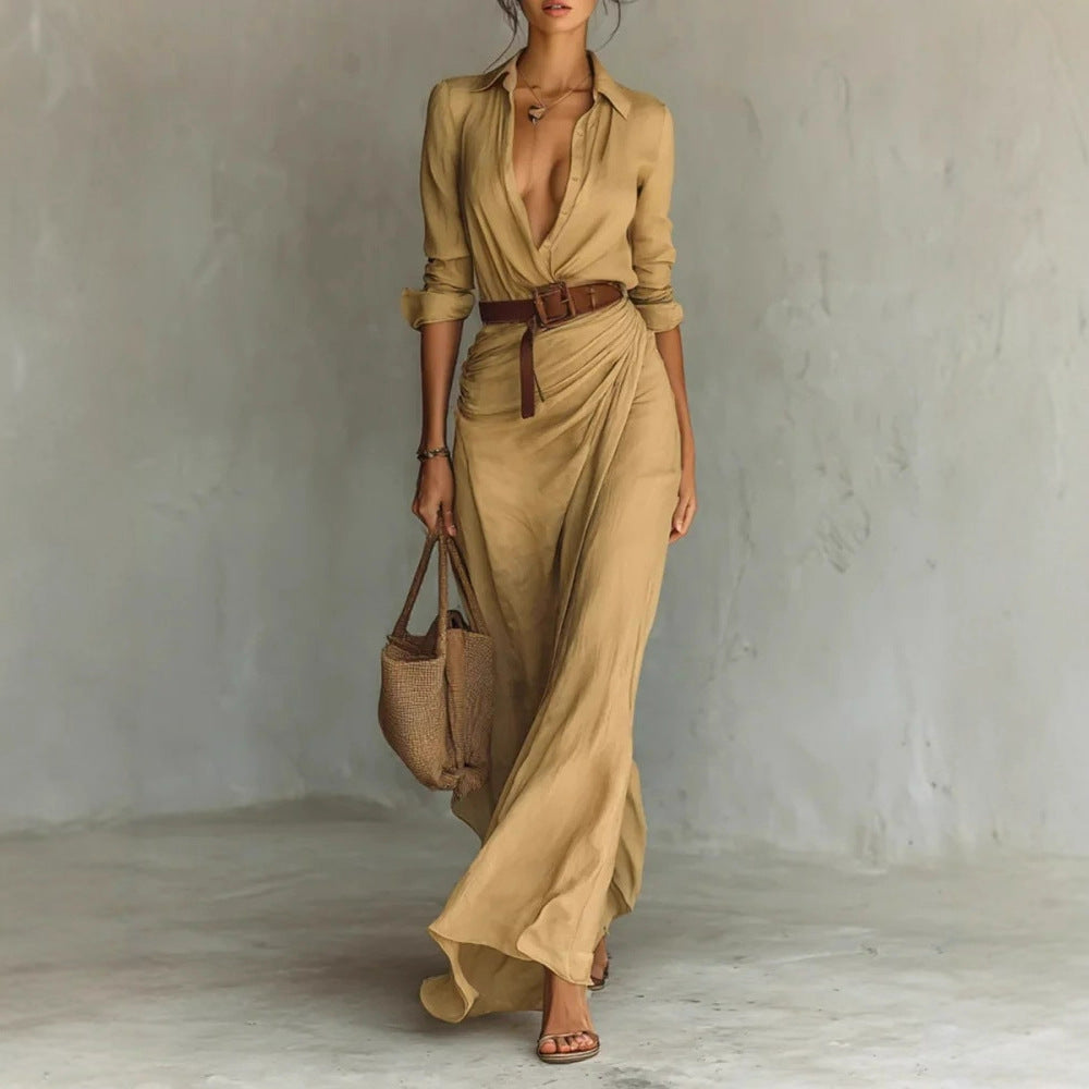 Executive Energy Belted Maxi Dress in khaki, front view with brown belt