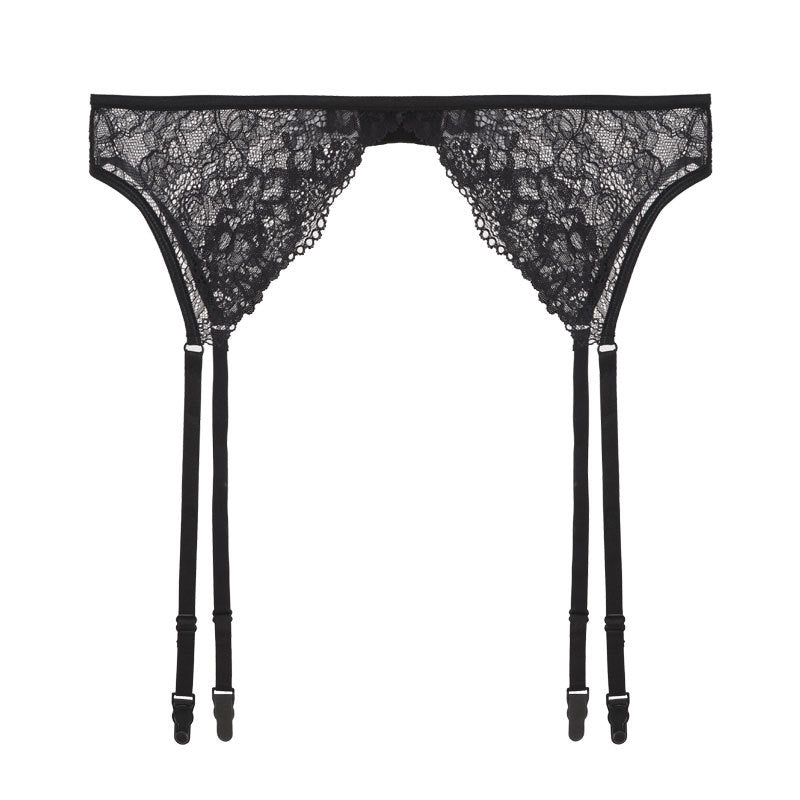 Black lace garter belt, front product view