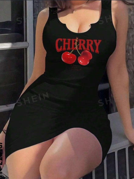 Cherry On Top black sleeveless bodycon mini dress with scoop neckline and cherry graphic
