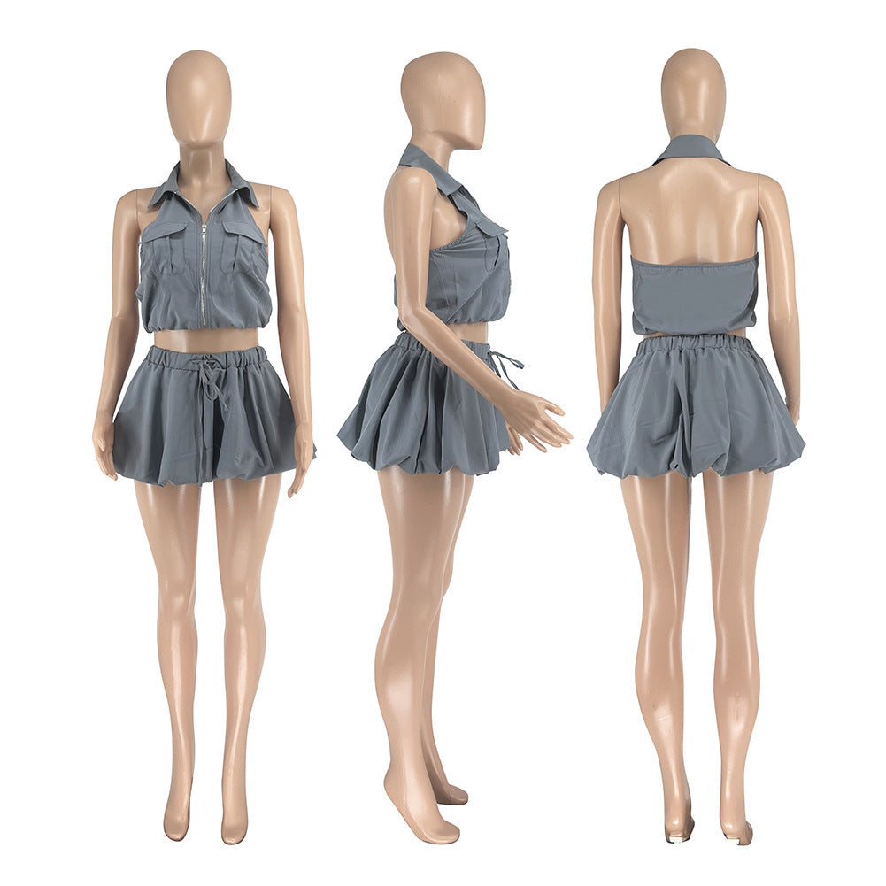 Afterglow gray sleeveless top and skirt set on mannequin, front, side and back views