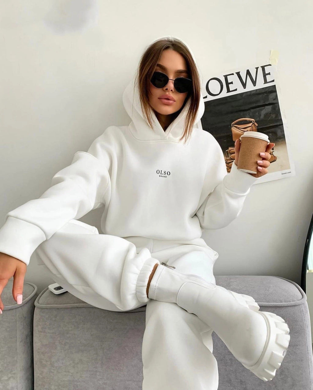White Soft Life hoodie and jogger set seated front view
