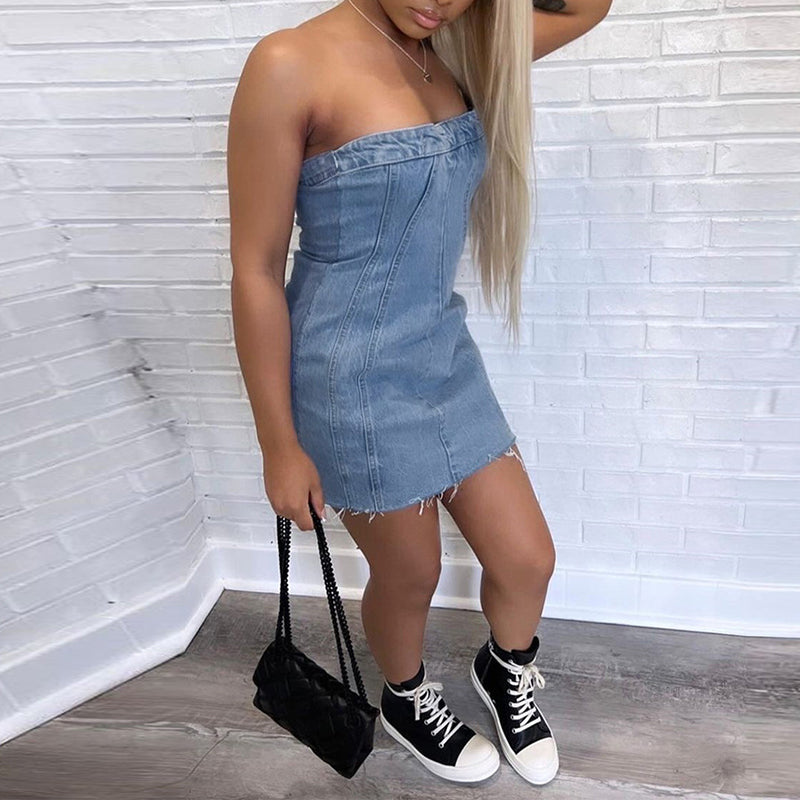 Penthouse Denim Tube Mini Dress supplier image 9 showing garment color and construction