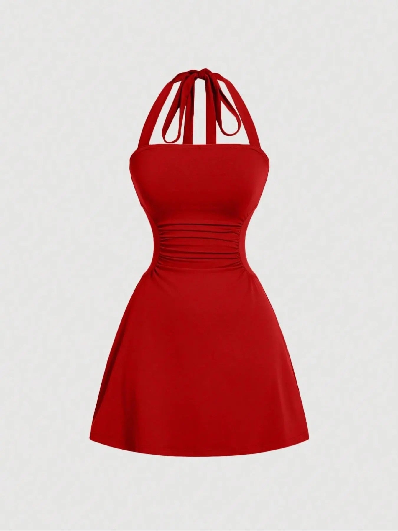 Solid red A-line mini dress with ruched waist and tie-back halter straps, front product view.