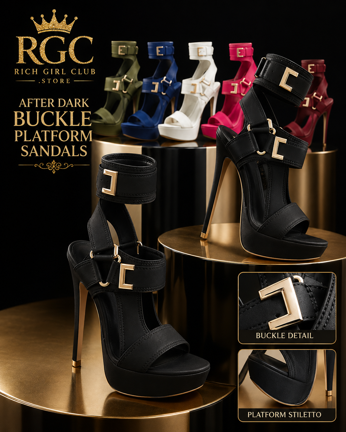 After Dark Buckle Platform Sandals RGC detail showing six mapped solid colorways