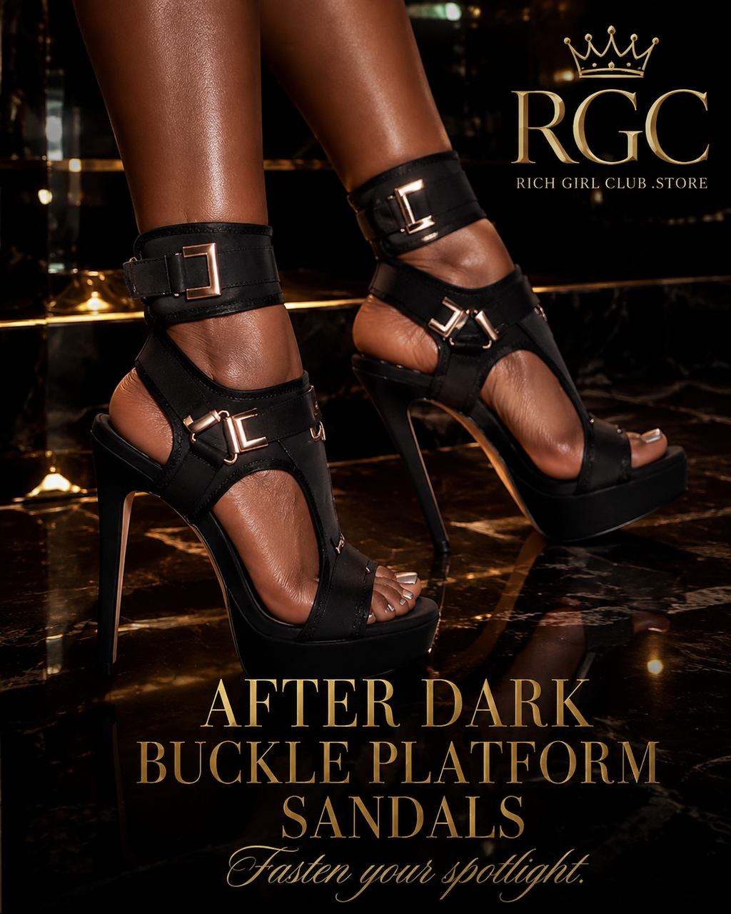 After Dark Buckle Platform Sandals RGC campaign featuring black buckle stilettos