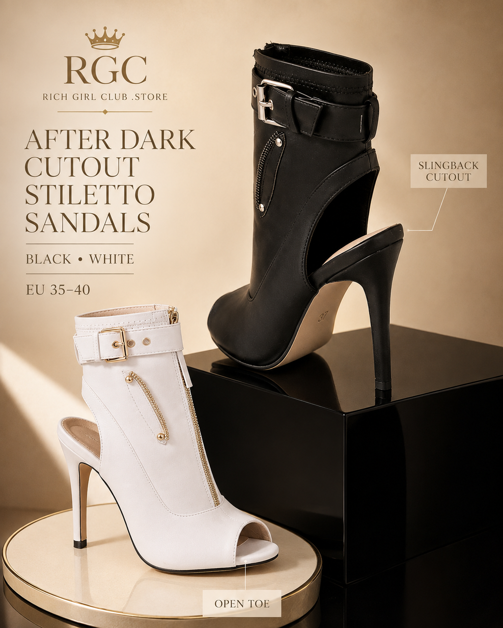 Black and white After Dark Cutout Stiletto Sandals showing open toes, slingback cutouts, buckles and slim heels