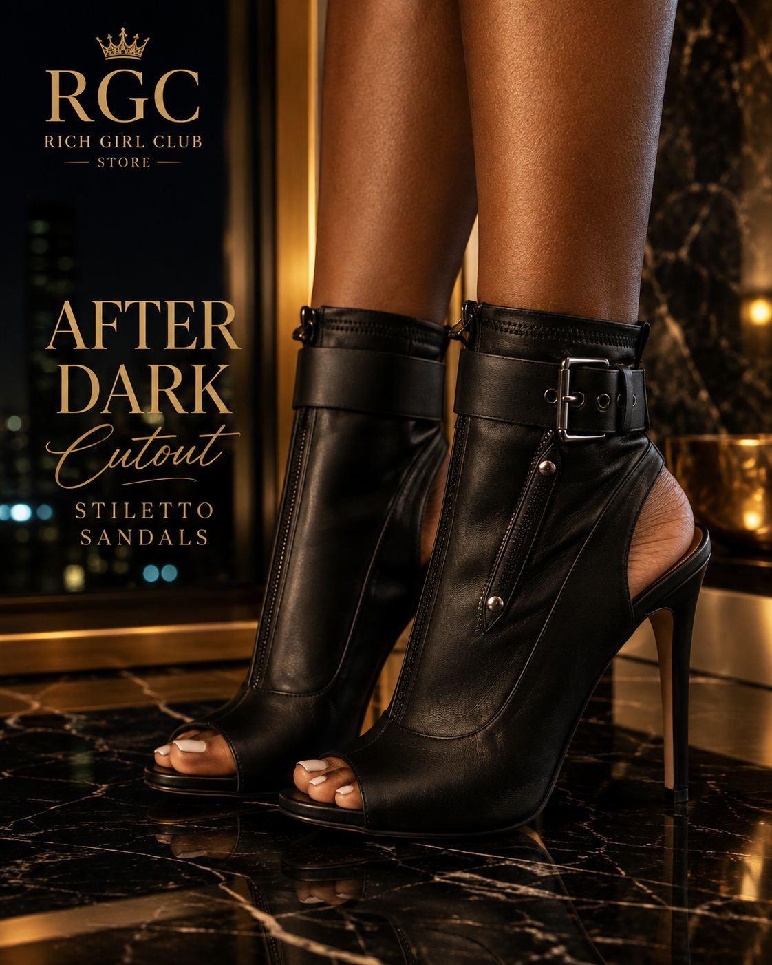 RGC campaign close-up of black After Dark Cutout Stiletto Sandals on a model with warm brown skin