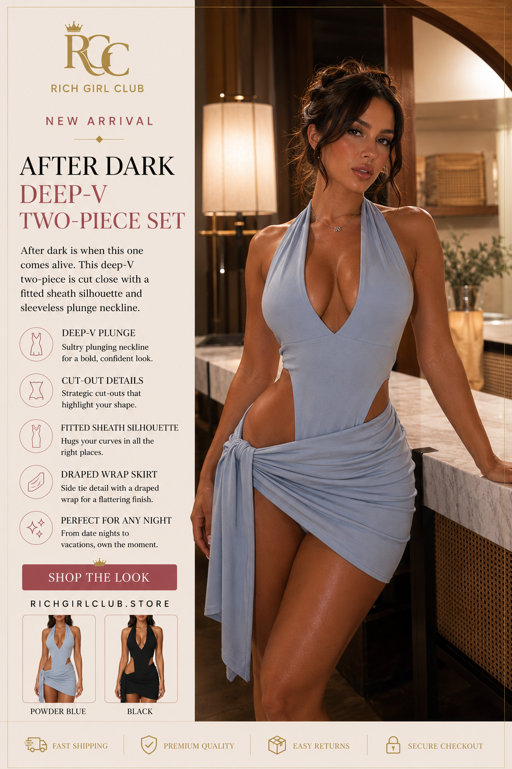 After Dark Deep-V Two-Piece Set - New Arrival lifestyle ad photo, powder blue deep-V wrap dress