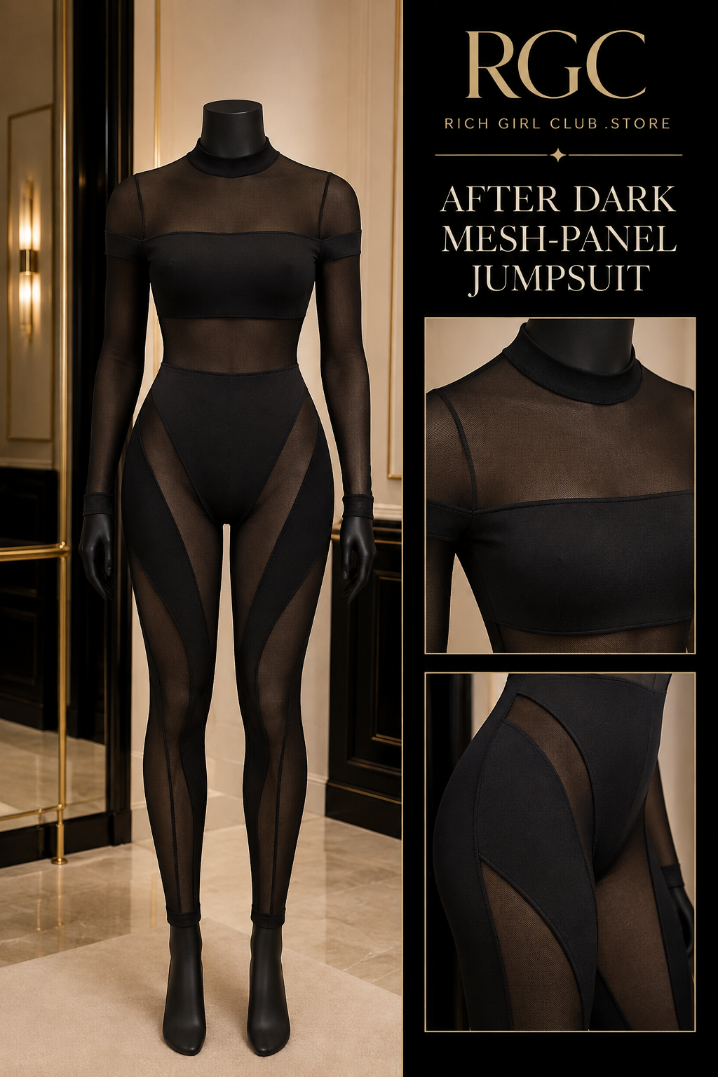 After Dark Mesh-Panel Jumpsuit RGC mannequin and product-detail companion