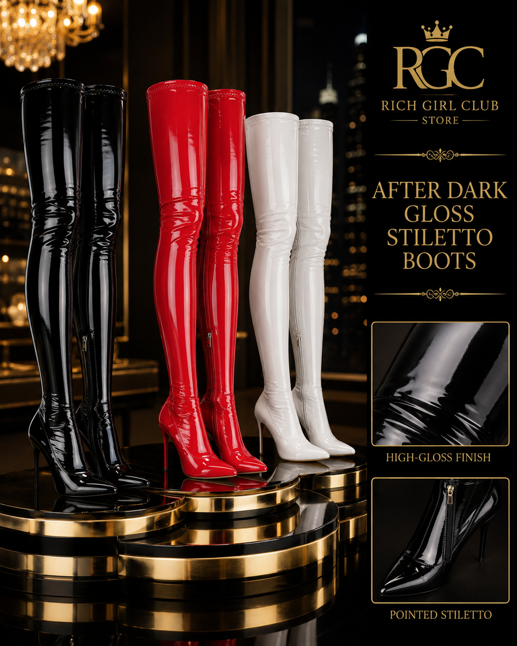 After Dark Gloss Stiletto Boots RGC detail showing black, red, and white colorways
