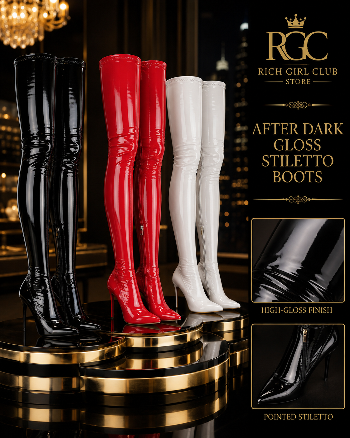 After Dark Gloss Stiletto Boots RGC detail showing black, red, and white colorways