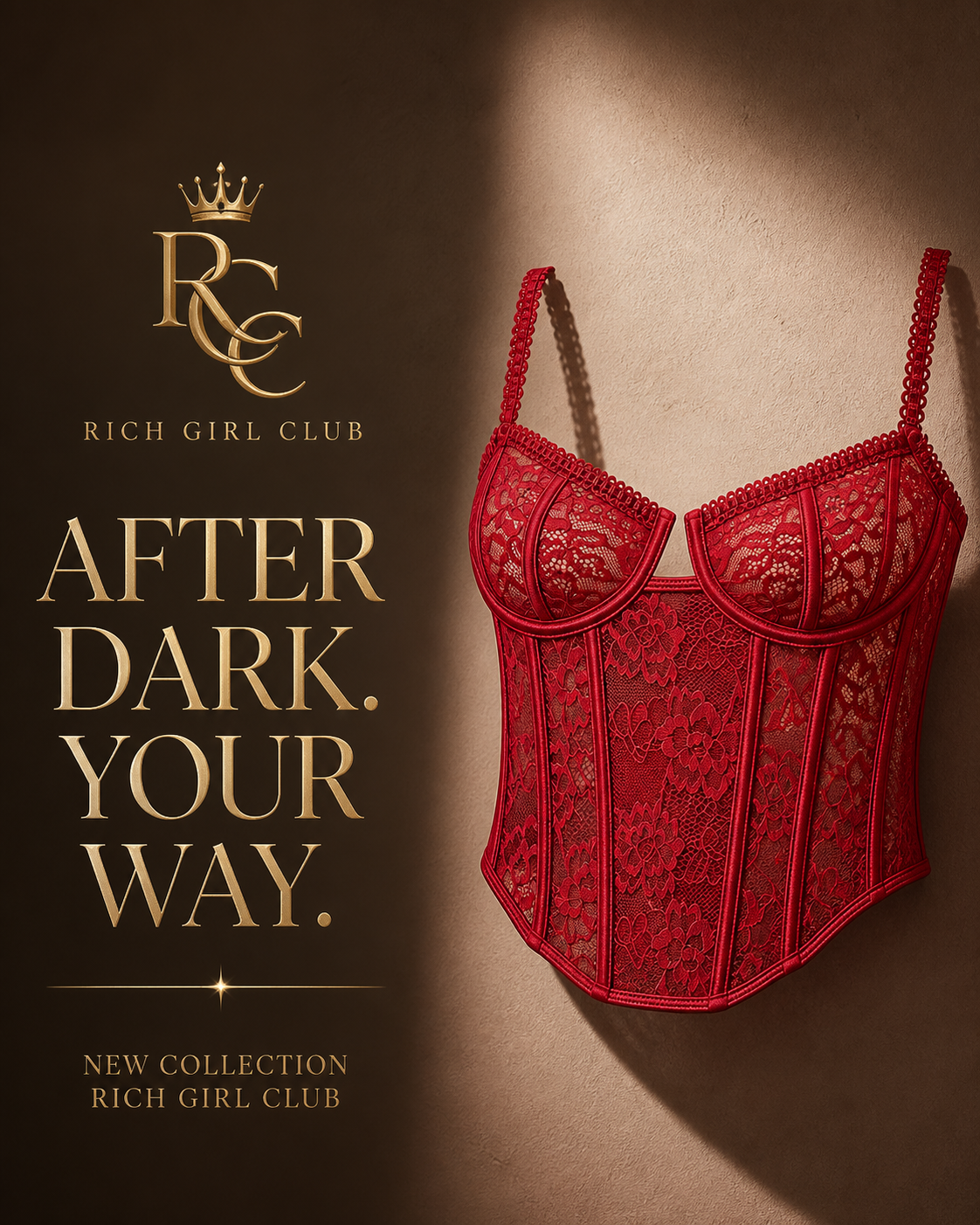 Rich Girl Club After Dark red lace corset bra campaign