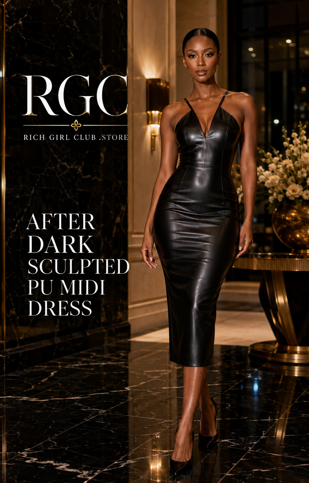After Dark Sculpted PU Midi Dress in black on a confident adult model in a luxury hotel lobby