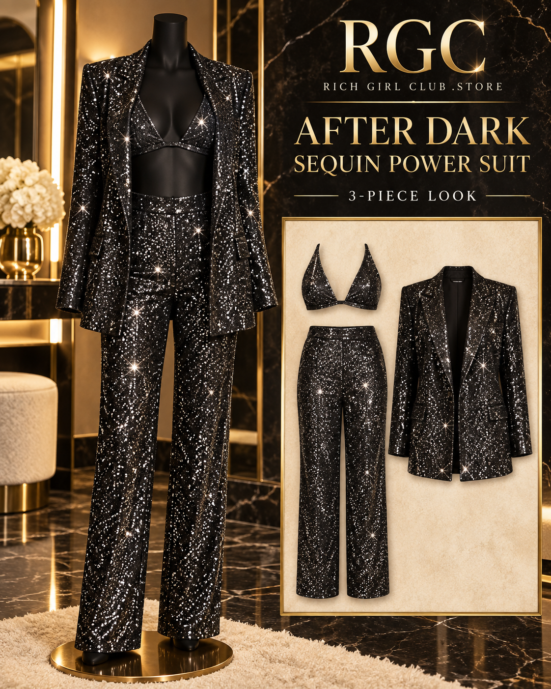 Black After Dark Sequin Power Suit displayed as a three-piece jacket, bra, and trousers set.