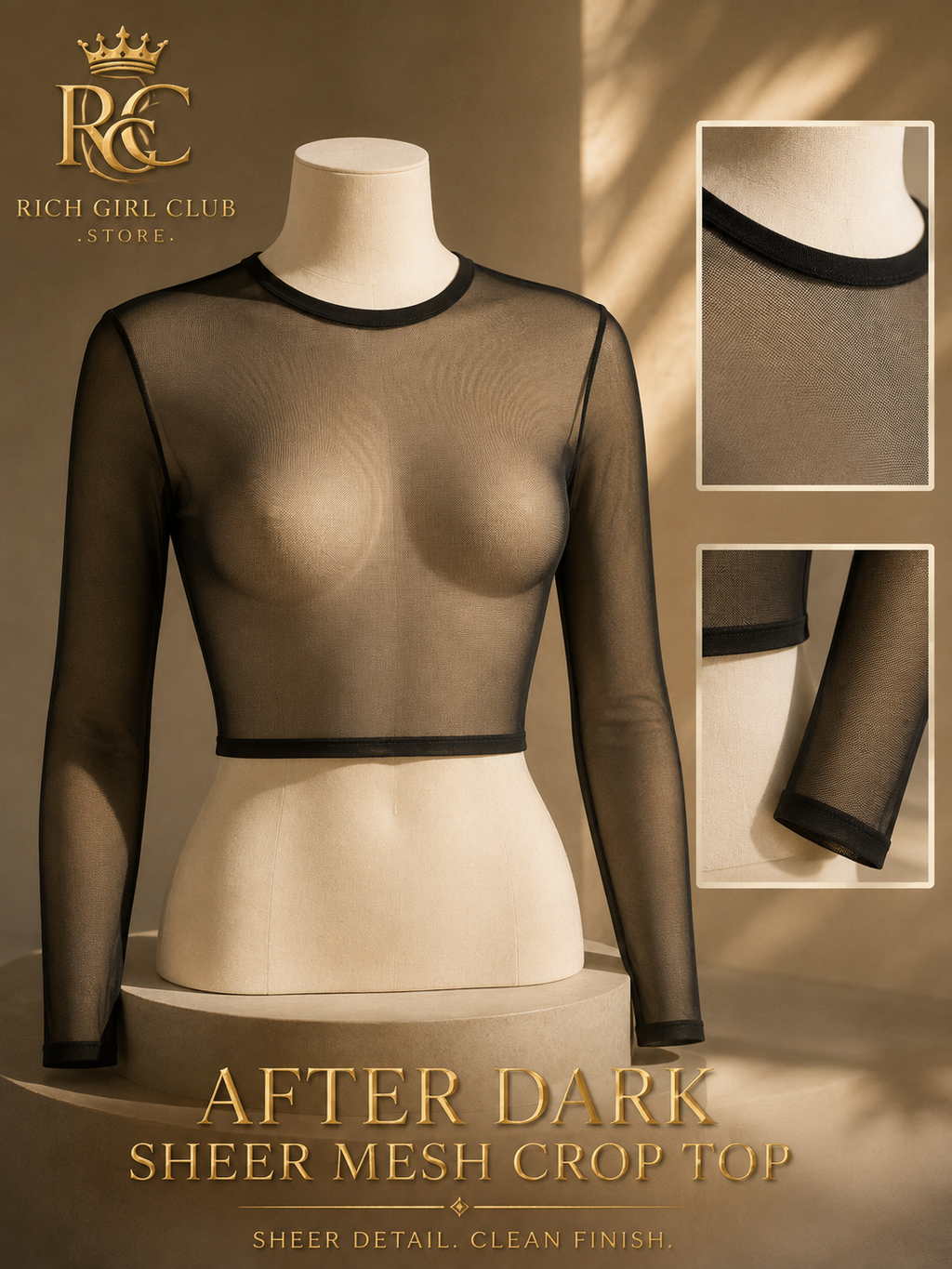 After Dark Sheer Mesh Crop Top RGC mannequin detail showing the black mesh, crew neckline, long sleeves and cropped hem