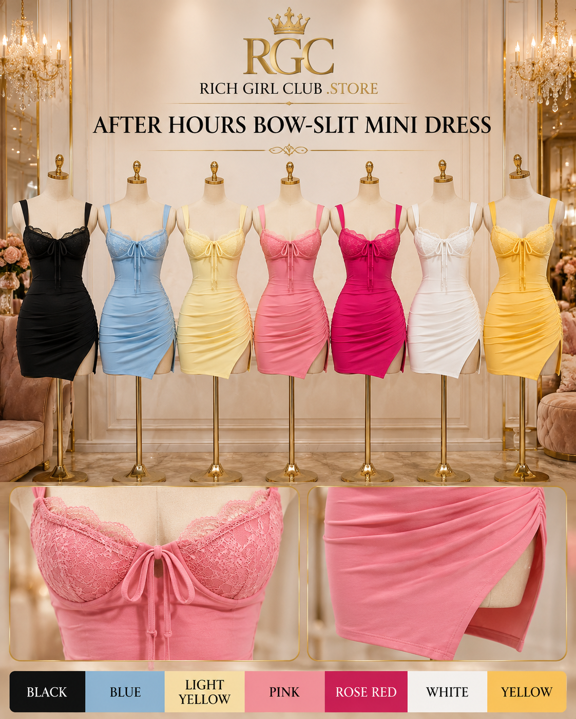 After Hours Bow-Slit Mini Dress seven-color detail gallery