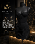 RGC campaign display of the black After Hours Bow-Slit Mini Dress