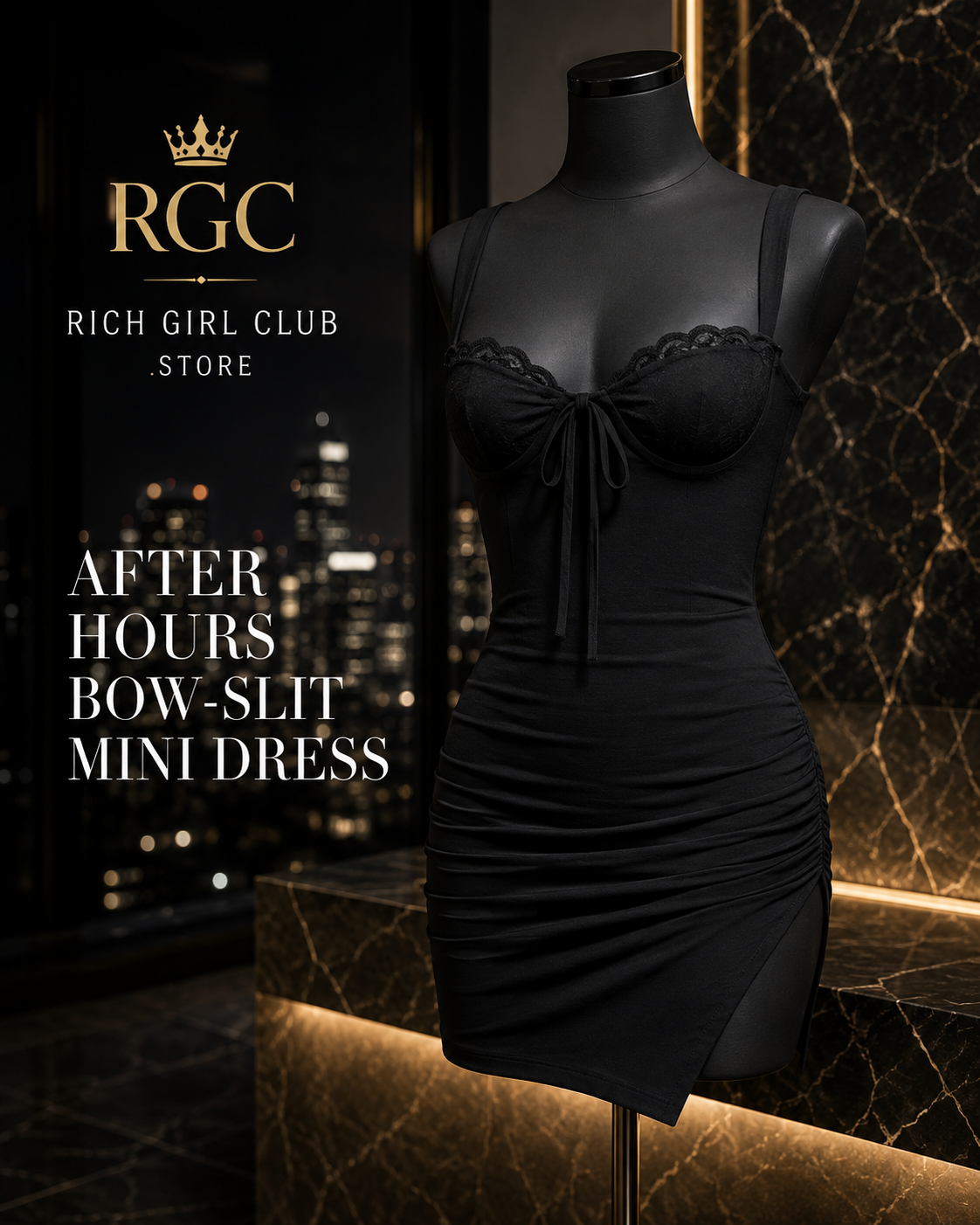 RGC campaign display of the black After Hours Bow-Slit Mini Dress