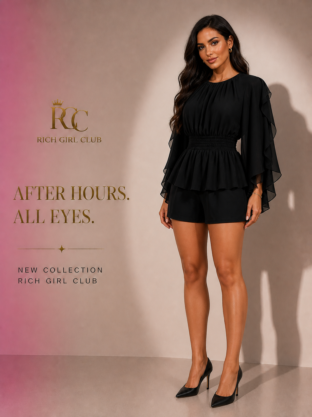After Hours Cape-Sleeve Romper on an adult model — Rich Girl Club editorial hero