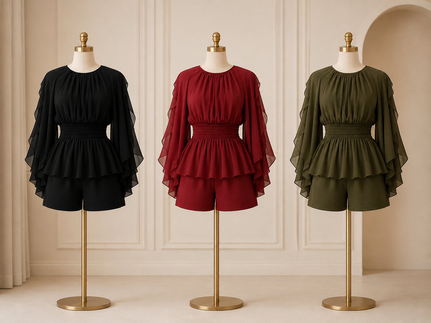 After Hours Cape-Sleeve Romper — black, red and army green