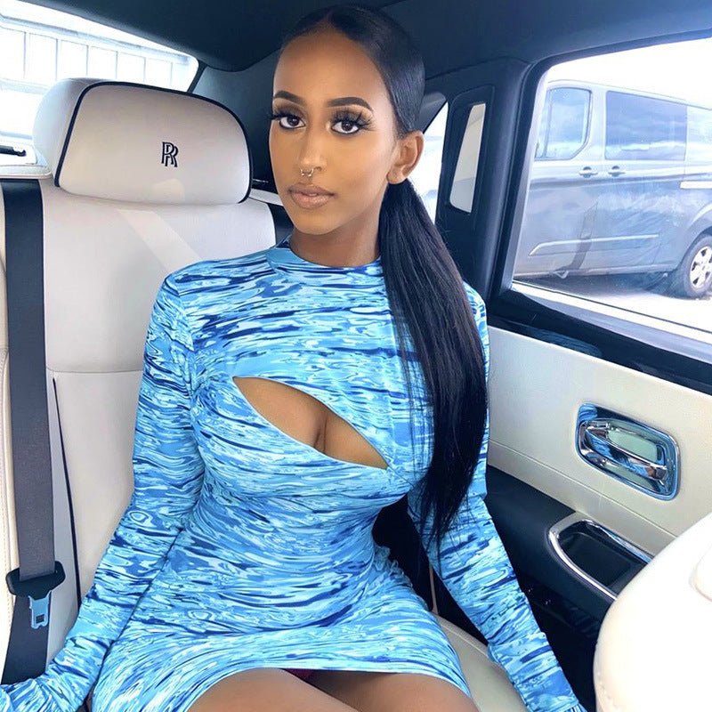 After Hours Cutout Mini Dress supplier view in Blue showing the long sleeves and curved front cutout