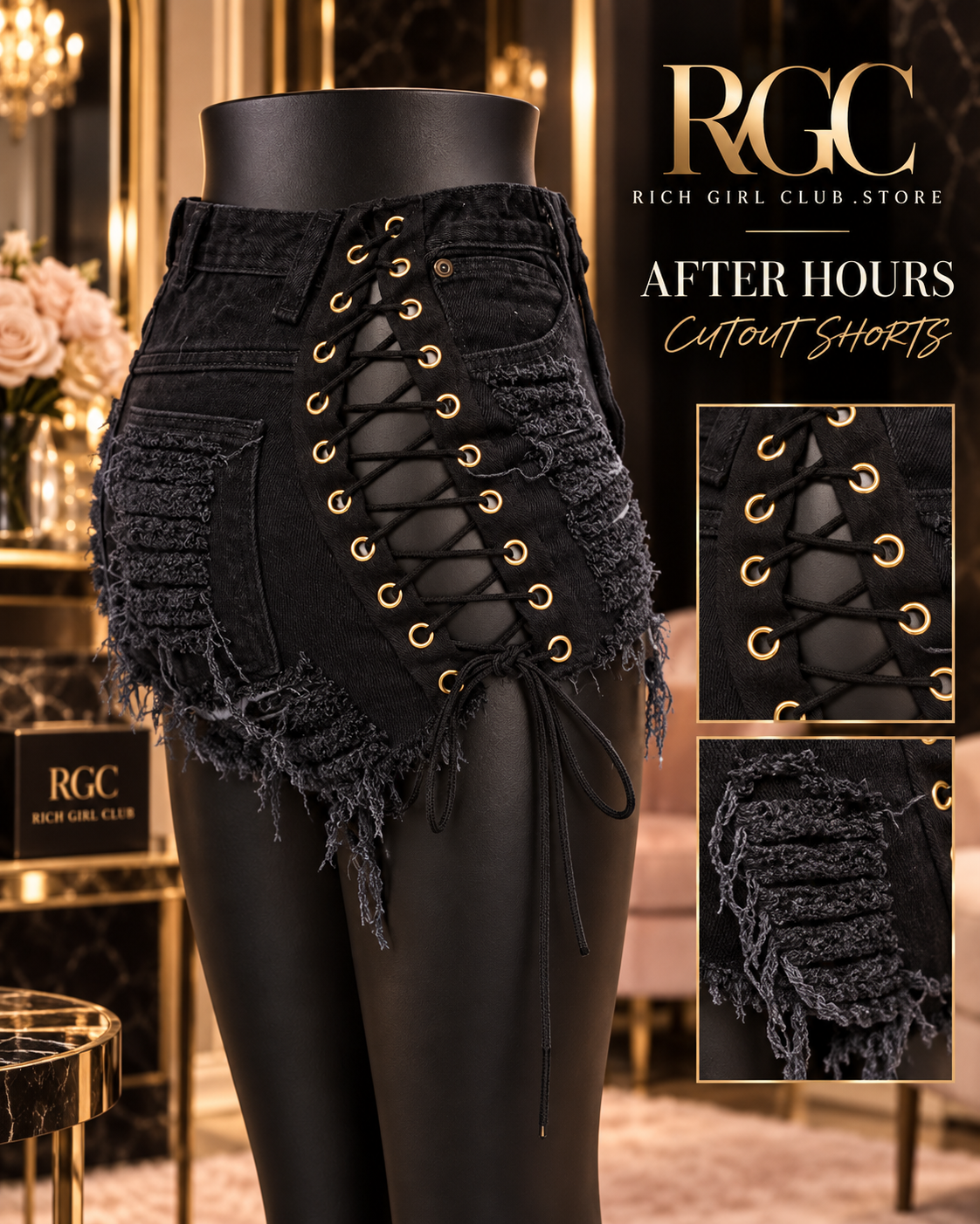 RGC mannequin detail for After Hours Cutout Shorts showing black distressed panels and side lace-up cutout construction.