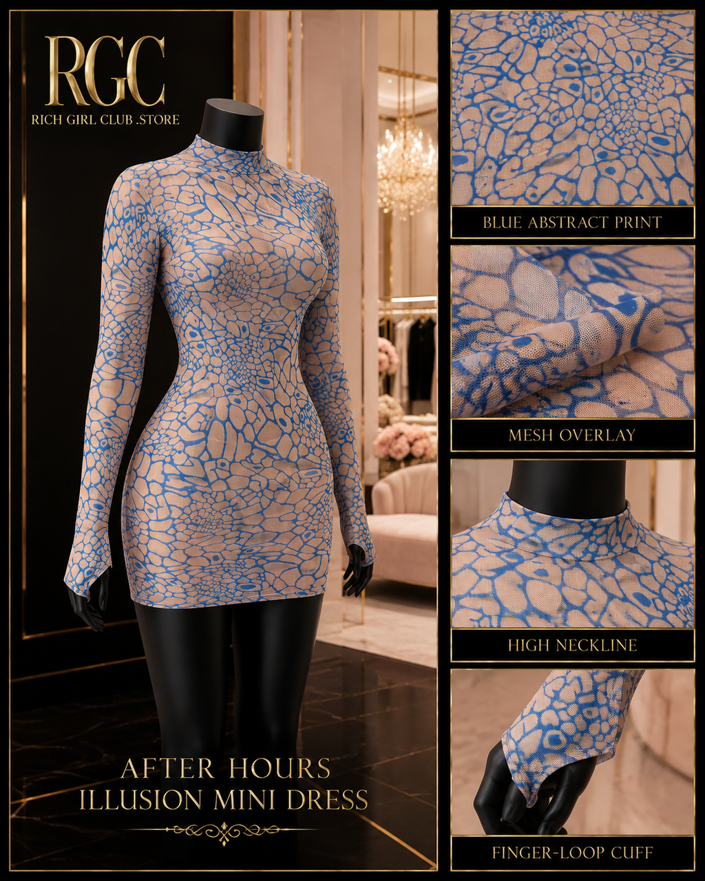 After Hours Illusion Mini Dress on a matte-black mannequin with details of the blue abstract print, mesh overlay, high neckline, and finger-loop cuff.