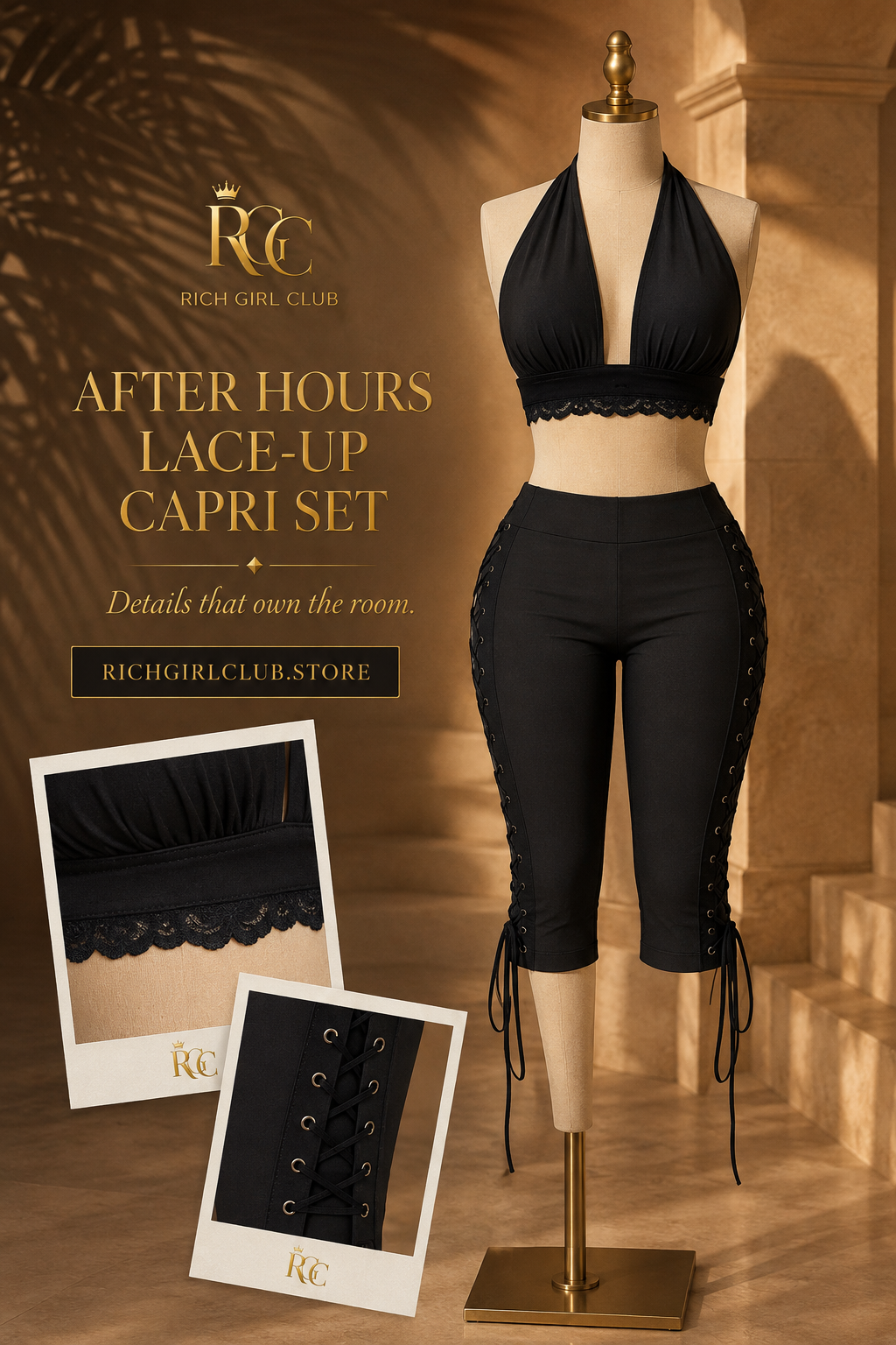 RGC mannequin detail campaign for After Hours Lace-Up Capri Set showing scalloped underband and lace-up side panels