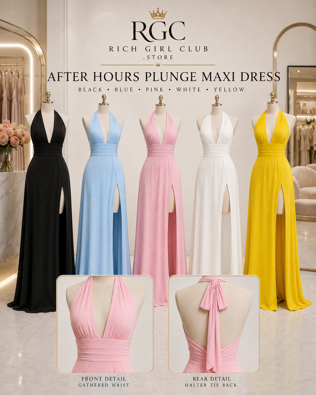After Hours Plunge Maxi Dress color gallery with front waist and back halter-tie details