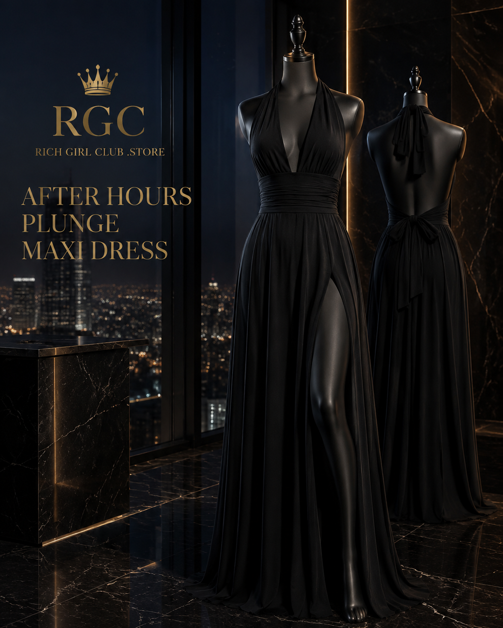 RGC campaign display of the black After Hours Plunge Maxi Dress on couture mannequins in a penthouse