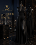 RGC campaign display of the black After Hours Plunge Maxi Dress on couture mannequins in a penthouse