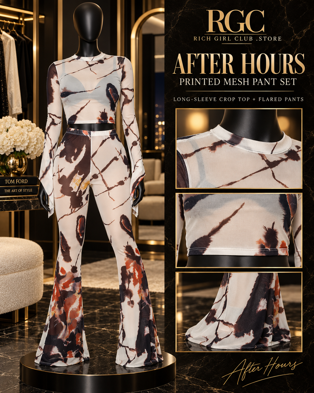 After Hours Printed Mesh Pant Set mannequin detail showing the printed mesh crop top, waistband, and flared pant legs