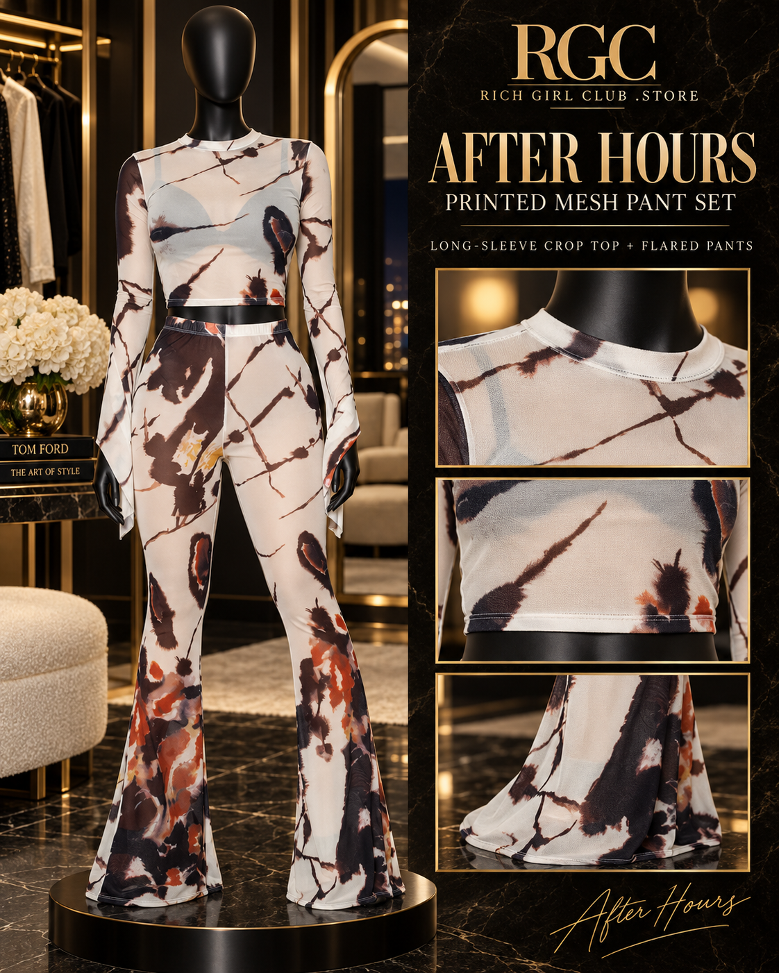 After Hours Printed Mesh Pant Set mannequin detail showing the printed mesh crop top, waistband, and flared pant legs
