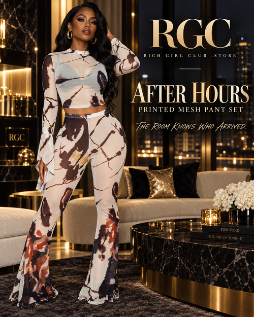 RGC After Hours Printed Mesh Pant Set campaign featuring the white-print long-sleeve crop top and matching flared pants