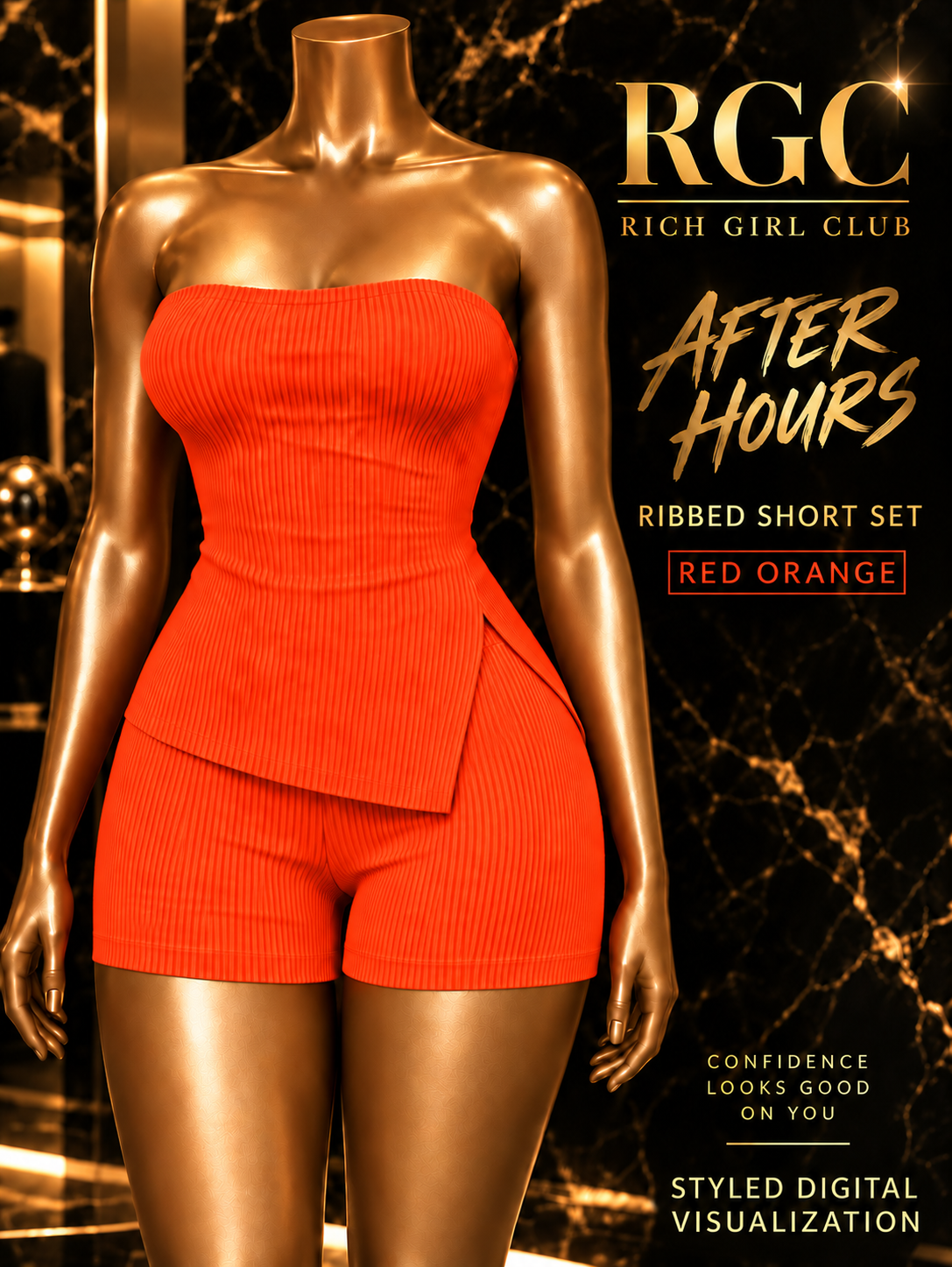 After Hours Ribbed Short Set by Rich Girl Club, Red Orange, ribbed asymmetric strapless split-hem top and fitted shorts on a bronze mannequin; styled digital visualization